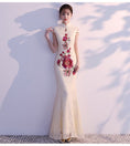 Load image into Gallery viewer, Chinese dress, party dress, dress, Chinese style clothing, girls' night out, reunion, stand neck, short sleeve, long length, maxi length, elegant, slimming, cute, large size, SML, XL, 2XL, improved Chinese dress, mermaid line, lace
