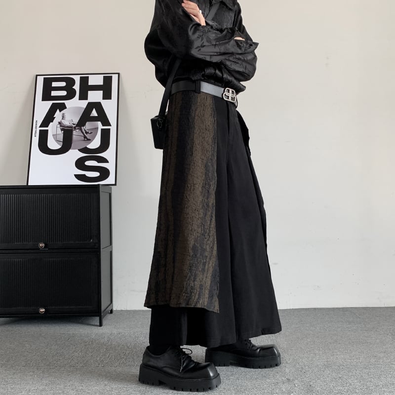 [Illustrated series]★China style trousers★ Gaucho pants, irregular, unisex, men's, nine-quarter length, black, black switching