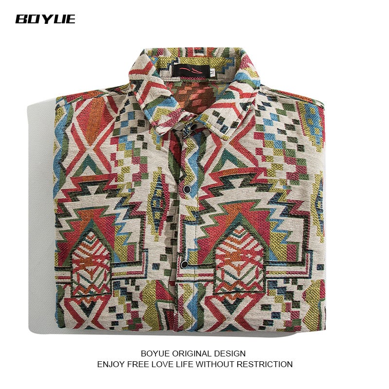 [BOYUE Leeds] ★Retro Shirt★ Shirt Jacket Long Sleeve Shirt Tops Unisex Casual Ethnic Style Shirt Print