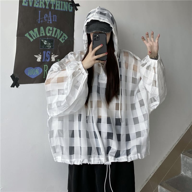 [Miyakoya Series] ★Tops★ 2 colors, plaid pattern, transparent, with hat, spring/summer, loose, black, white