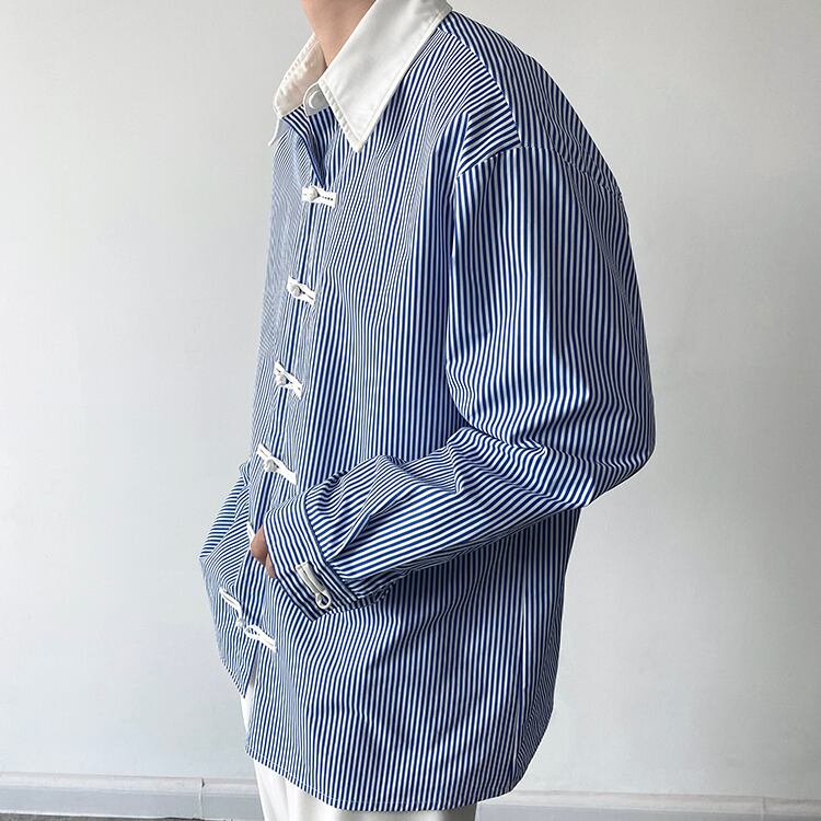 [Orange Family Series]★Chinese Style Shirt★ Chinese Clothes Tops Unisex Men's Vertical Stripes Color Scheme Blue Blue ML XL