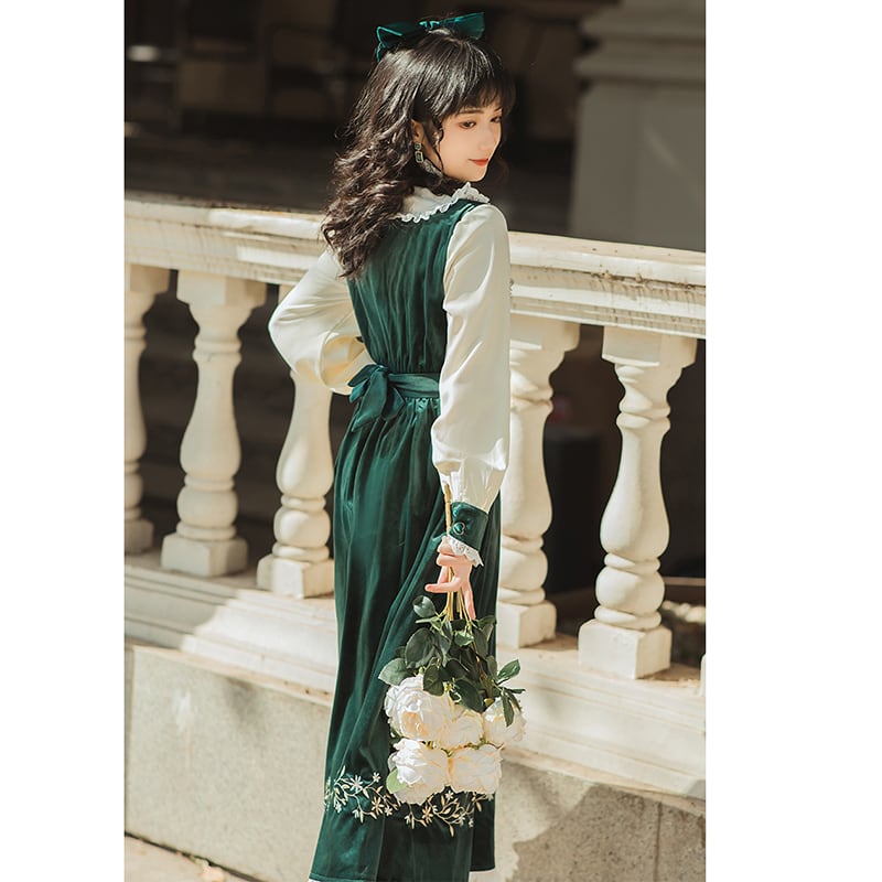 [Nan Kemu Series] ★One Piece★ Long Length Velvet Embroidery Women's Commuting Date Green Green SML XL