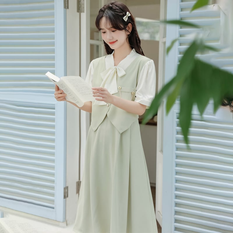 [Ali Series] ★One Piece★ Faux Layered Ribbon Commuting Wedding Date Office Summer Clothes Green Green