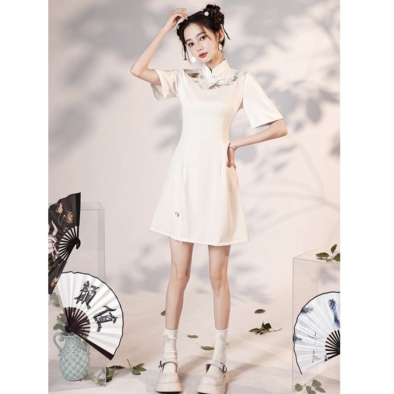 [YUEQIAO series] ★Cheongsam dress★ Short length embroidery Chinese style dress Chinese clothes White White