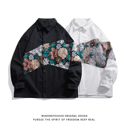 [Satoru Series]★China style shirt★ 2color black or white long sleeve embroidery floral pattern unisex large size