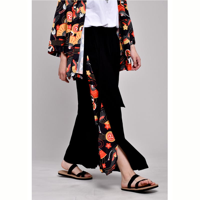 [Mumuki Series] ★Chinese-style pants★ 2 colors, black or white, fan pattern, stylish, gaucho pants, gaucho, casual