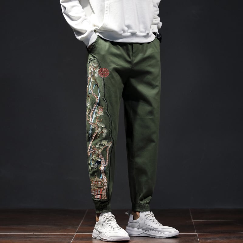 [Small Trouble Series] ★China style pants★ 3 colors Black or green or light brown Embroidery Floral pattern Unisex Large size