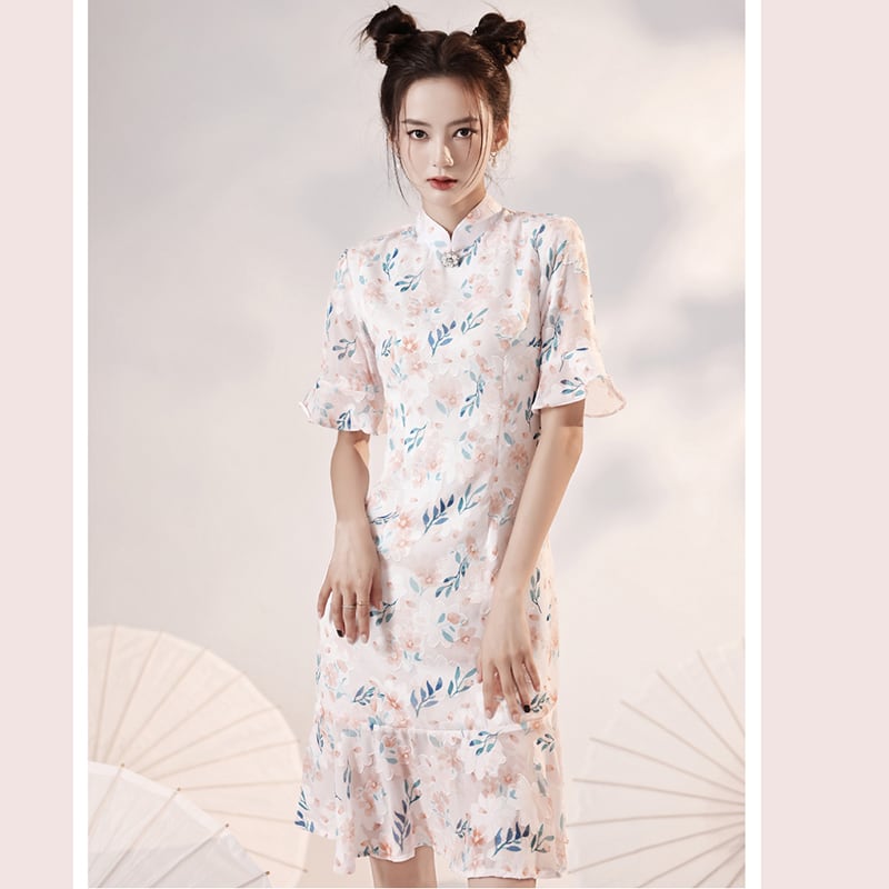 [YUEQIAO Series]★Cheongsam dress★Short length mermaid line Chinese style dress Chiffon Light pink