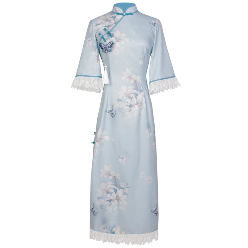 [Dust Smoke Cloud Dream --- Unlan Jade Nishiki Series]★China-style dress★Cheongsam dress, Chinese clothes, short sleeves, long length, butterfly ornament included