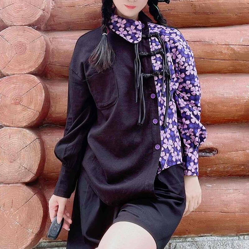 [Li Muyi Series]★China Style Shirt★ Tops Long Sleeve Shirt Switching Floral Pattern Black Black Purple Original