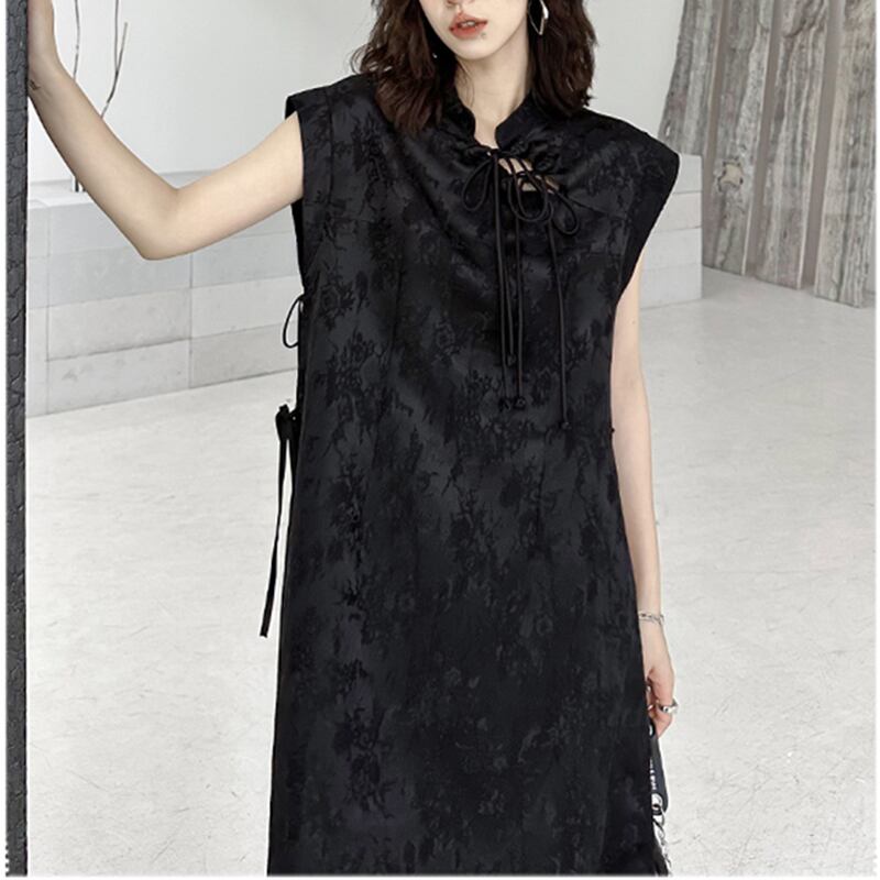 [YIDAO Series] ★China-style dress★ Chinese dress Black Black improved cheongsam dress Slit