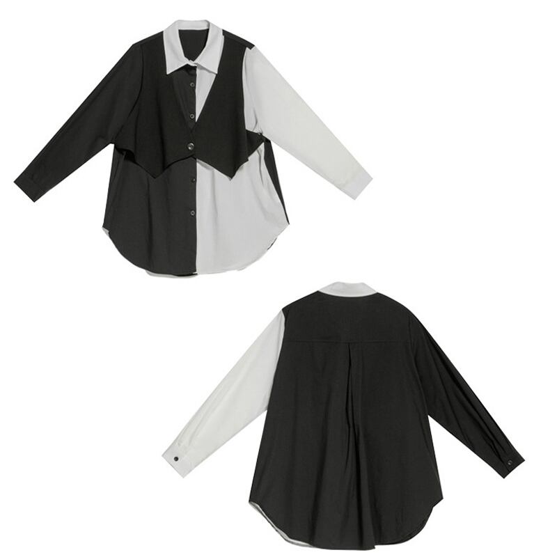 [0246 series]★Shirt★ 2color tops fake layered simple black white easy to match