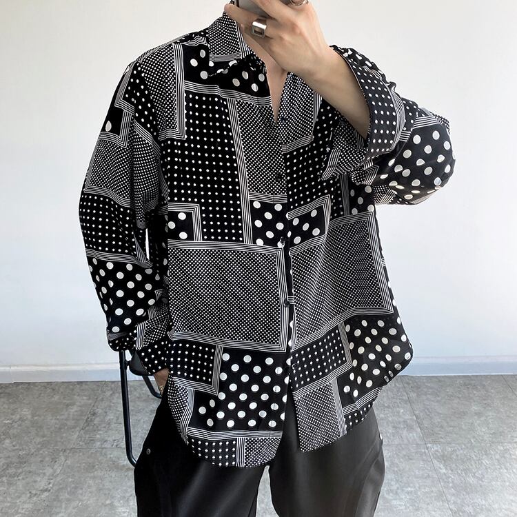 [ZHUIYI Series]★Shirt★ Tops, long sleeve shirt, plaid pattern, dot pattern, unisex, men's, thin, cool, black, black