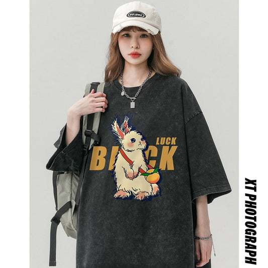 【YOUHANシリーズ】★Tシャツ★ 4color トップス 男女兼用 メンズ 半袖トップス レトロ ゆったり 兎 ウサギ