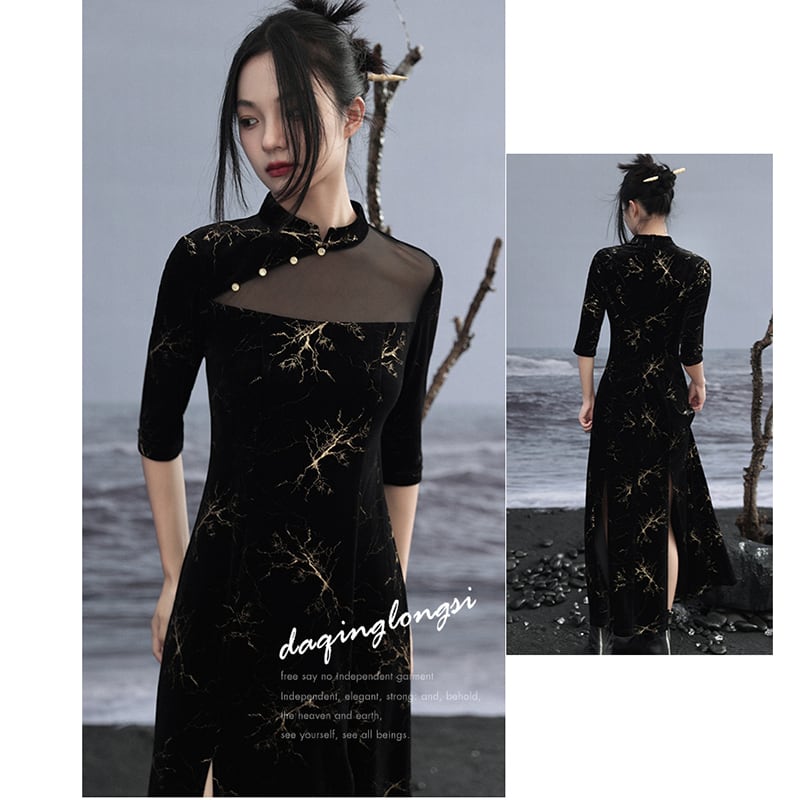 [Daiseiryusu Series] ★China-style dress★ Improved cheongsam dress, velvet, switching slit, black