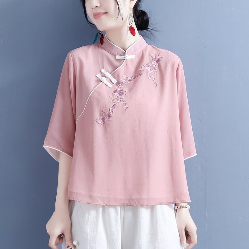 [Qing series]★China style tops★ 3color three-quarter sleeve color scheme blue white pink blue white retro literary style