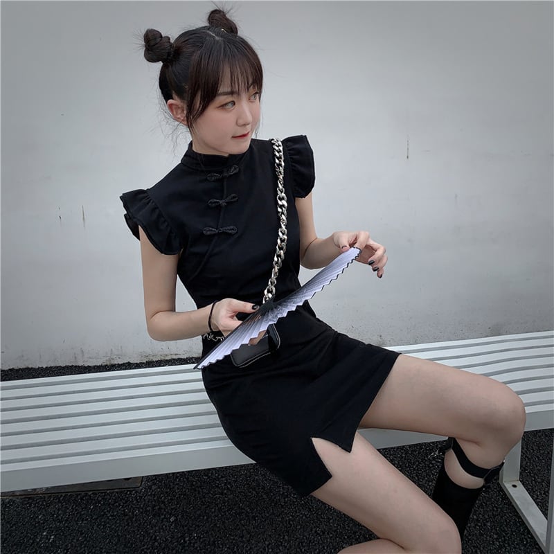 [Miyakoya Series] ★China-style dress★ Improved cheongsam dress, short length, sexy, slimming, black, black