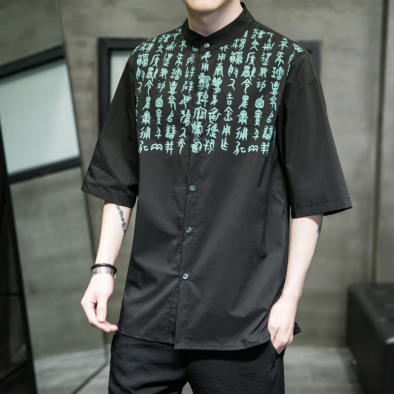 [YISHUO Series]★China style shirt★ Tops Unisex Men's Large size Letter pattern Black Black