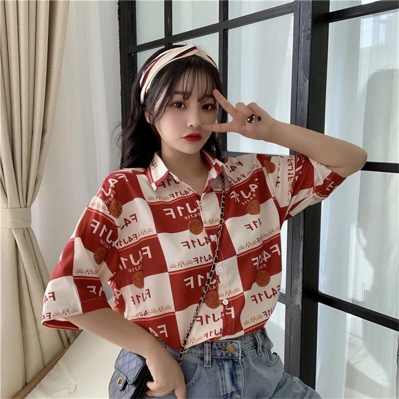 [YOUZI Series]★Retro Shirt★ Short Sleeve Shirt Tops Print Retro SML XL Thin Red Red Cute