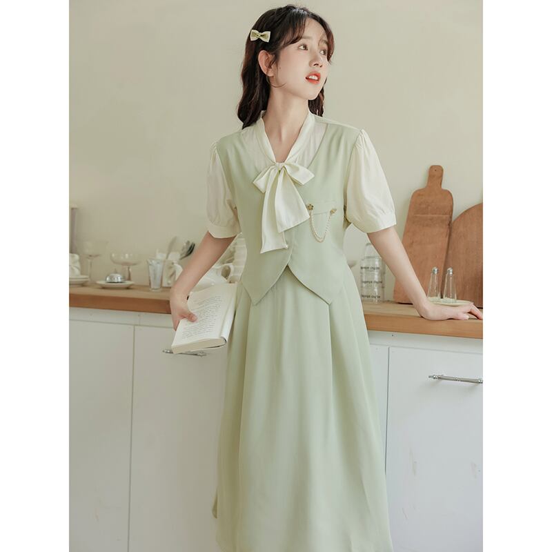 [Ali Series] ★One Piece★ Faux Layered Ribbon Commuting Wedding Date Office Summer Clothes Green Green