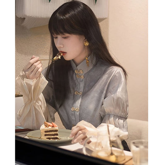 [MINA Series]★China style shirt★ Tops, stand neck, improves temperament, date, improves temperament, cute