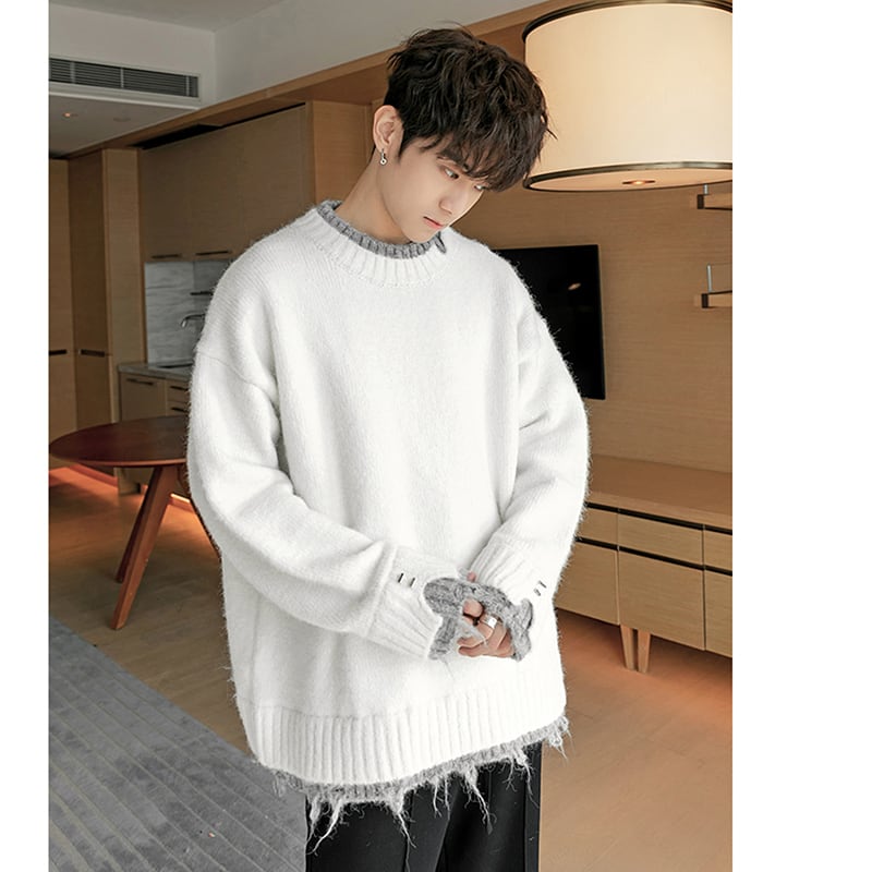 [CHICERRO Series]★Sweater★ 2color Tops Color Scheme Fake Layered Unisex Men's White Gray