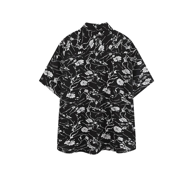 [BEAT BOY Series] ★Shirt with tie★ Ink pattern floral pattern tops short sleeve shirt unisex men's print black black