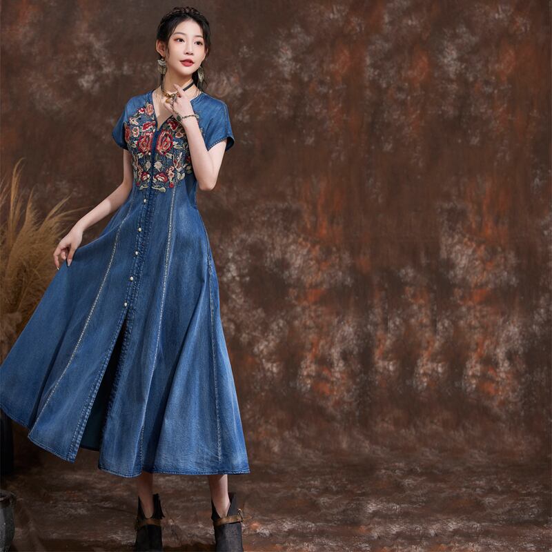 [KAWAYI Series]★Chinese style dress★ Embroidery Ethnic style V-neck Chinese clothing Tang suit Retro Blue Blue ML XL 2XL