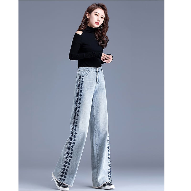 [REHUOJIALI Series] ★Denim Pants★ Embroidery Bottoms Trousers Women's Blue Blue Large Size