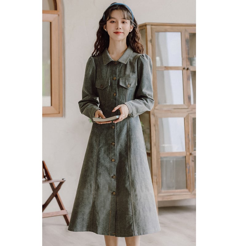 [YUJIAN Series] ★Dress★ Denim dress Retro Easy to match Date Improves temperament Commuting Blue Blue