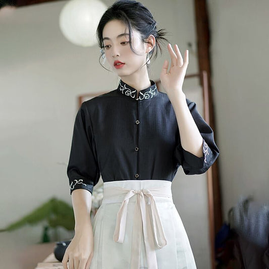 [WUJIA Series]★China Style Shirt★ Tops Short Sleeve Shirt Chinese Elements Summer Clothes Temperament Enhancement Black Black SML XL