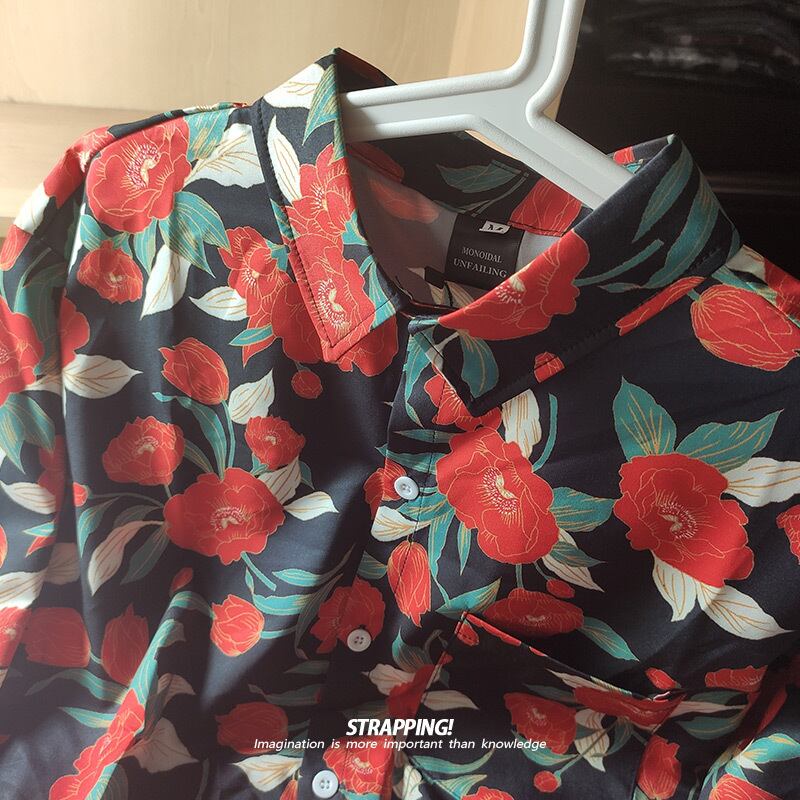 [STRAPPING Series]★Shirt★ Tops Print Unique Floral Pattern Unisex Men's Chiffon Thin