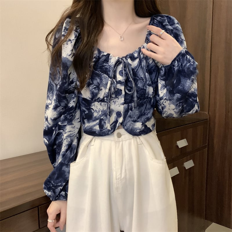 [SANMUZI Series] ★Tops★ 3 Colors Floral Tops Blouse Mini Length Cute Spring Clothes Unique Black Gray Blue