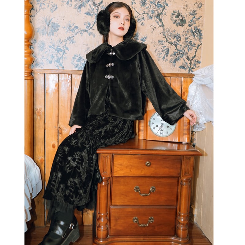 [Kokaisha --- Chichiku Series] ★China style dress★ Velvet thick black black long length