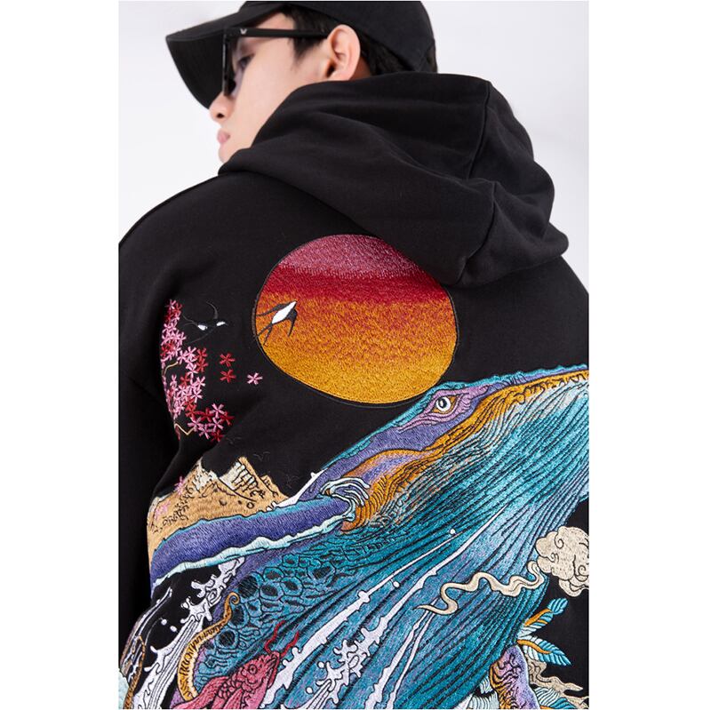 [Machiha clan series] ★China style hoodie★ 2color black or white whale embroidery wave black white tops large size