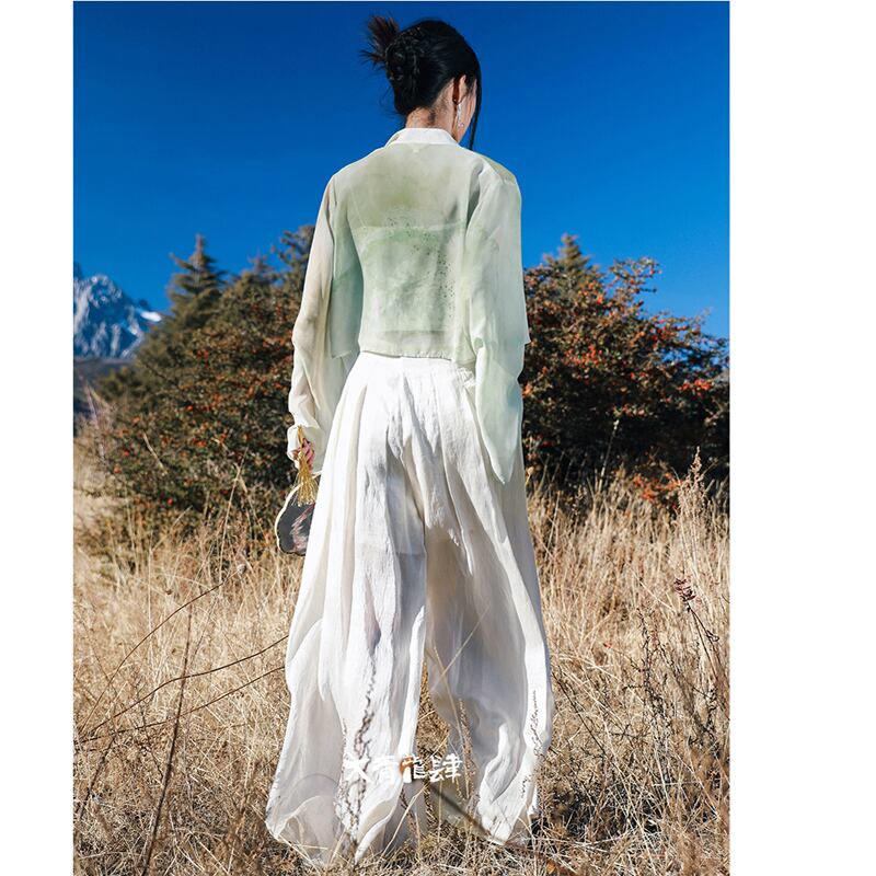 [Daiseiryusu Series] ★China-style shirt★ Tops, long sleeves, sheer, chiffon print, green, green