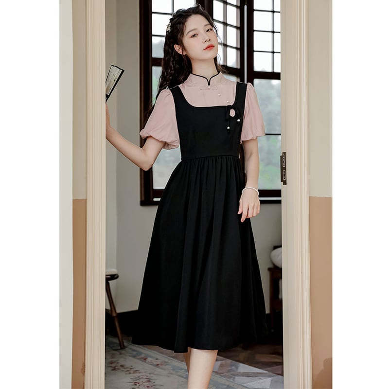 [White Moonlight Series] ★China style dress★ 2color improved cheongsam dress summer clothes fake layered black green