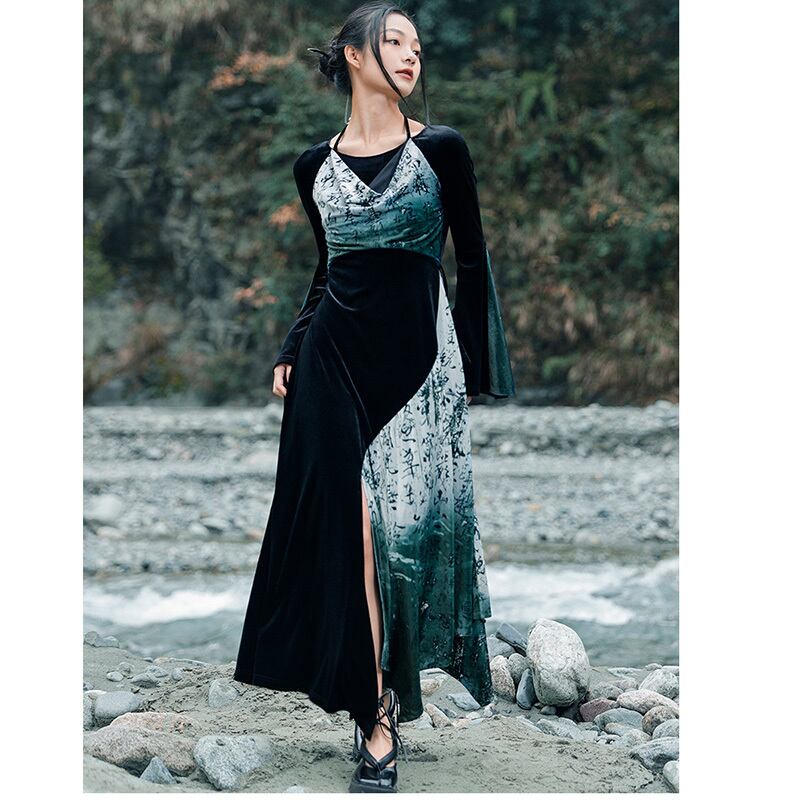 [Big Blue Dragon Series] ★China style dress★ Long length, letter pattern, switching, velvet, original