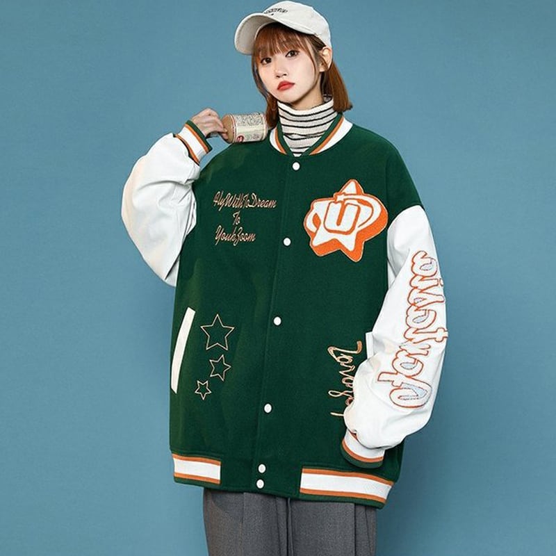 [LUONONG series]★Jacket★ 3color outerwear stadium jacket unisex men's black green blue casual