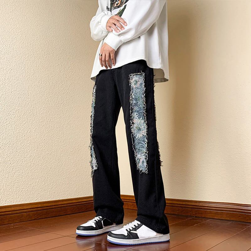 [Yurin Series]★Pants★ 2color Bottoms Denim Pants Oil Painting Style Black Unisex Men's Large Size