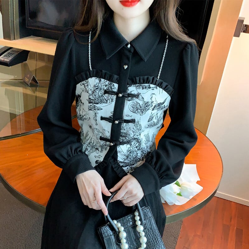 [Furin Series] ★China-style shirt★ China-style tops, long sleeves, ink pattern, fake layered, black