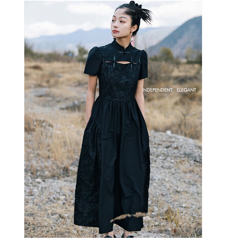 [Daiseiryusu Series] ★Chinese style dress★ Summer Chinese clothing Maxi length Long length Chinese button Black Black