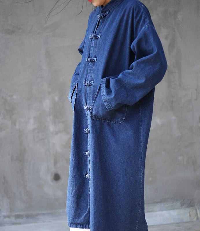 Chinese style coat outerwear long length denim Chinese clothing Chinese style clothing blue blue free size