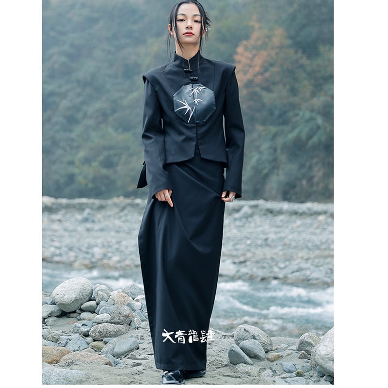 [Big Blue Dragon Series] ★China style outerwear★ Blazer, embroidered bamboo, changeable, slimming, black, black, easy to match