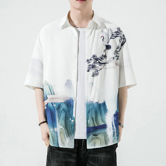 [MOWENZHAI Series] ★China Style Shirt★ Ink Pattern Crane Short Sleeve Shirt Tops Unisex Men's Large Size