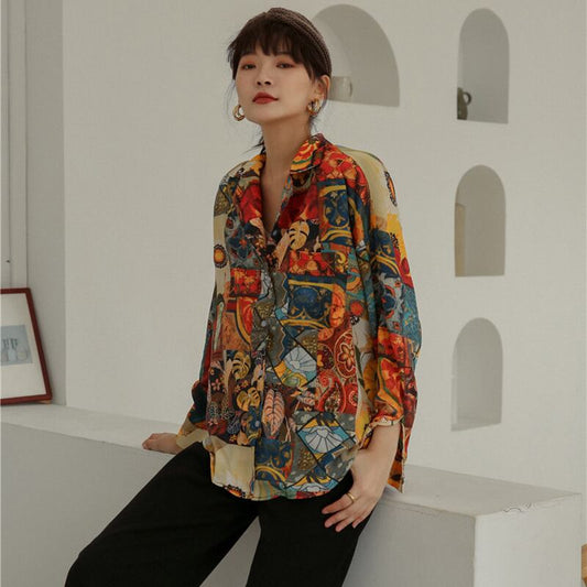 Oil painting style shirt, retro tops, long sleeves, outstanding design, SM, radically changing image, print, easy to match