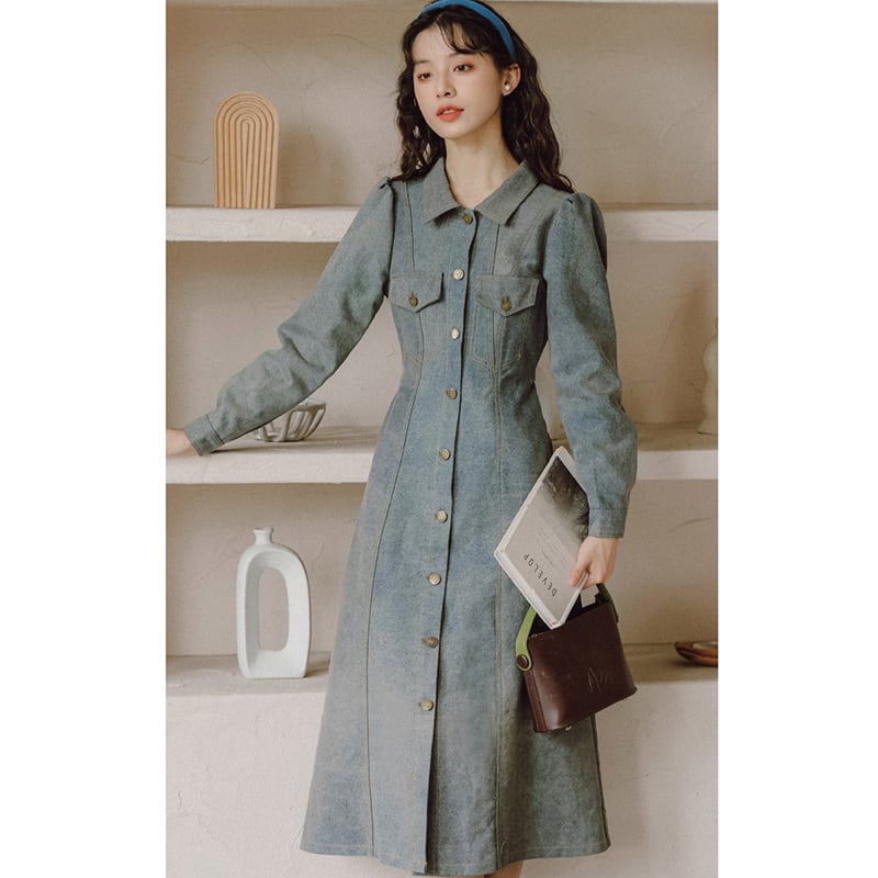 [YUJIAN Series] ★Dress★ Denim dress Retro Easy to match Date Improves temperament Commuting Blue Blue