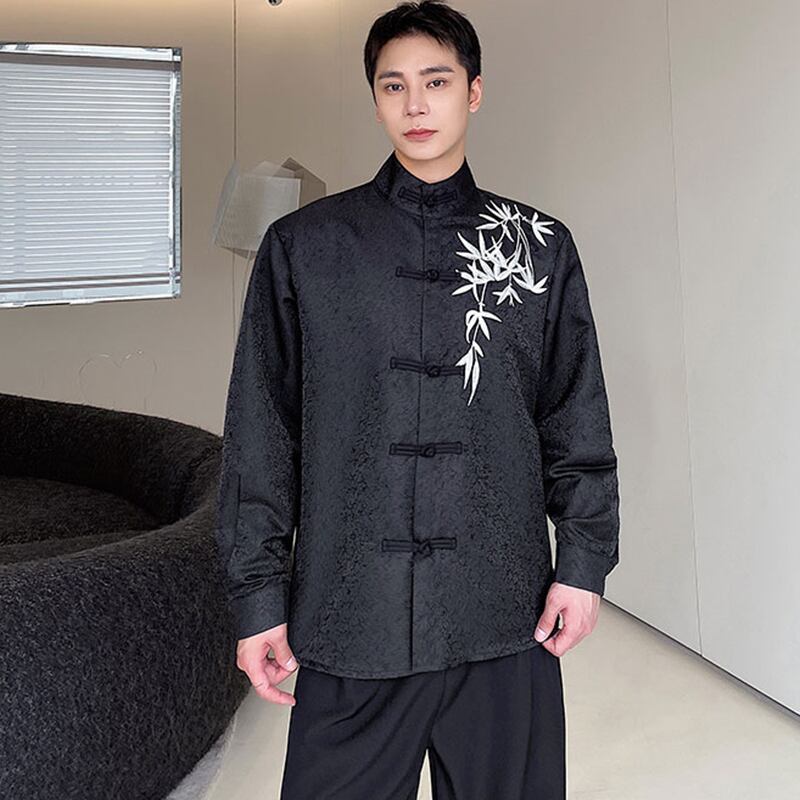 [Illustrated Series]★China Style Shirt★ Embroidery Bamboo Bamboo Embroidery Tops Long Sleeve Shirt Unisex Men's Black Black