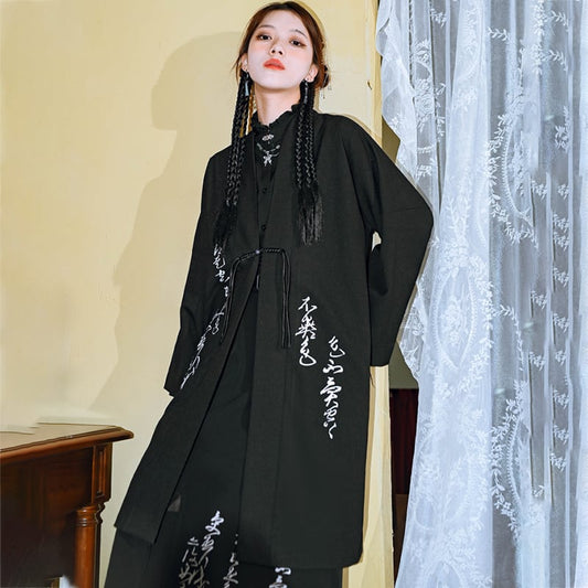 [Ancient Monster --- Preface Series] ★China style outerwear★ Falling shoulders, long outerwear, lettering pattern, black, black