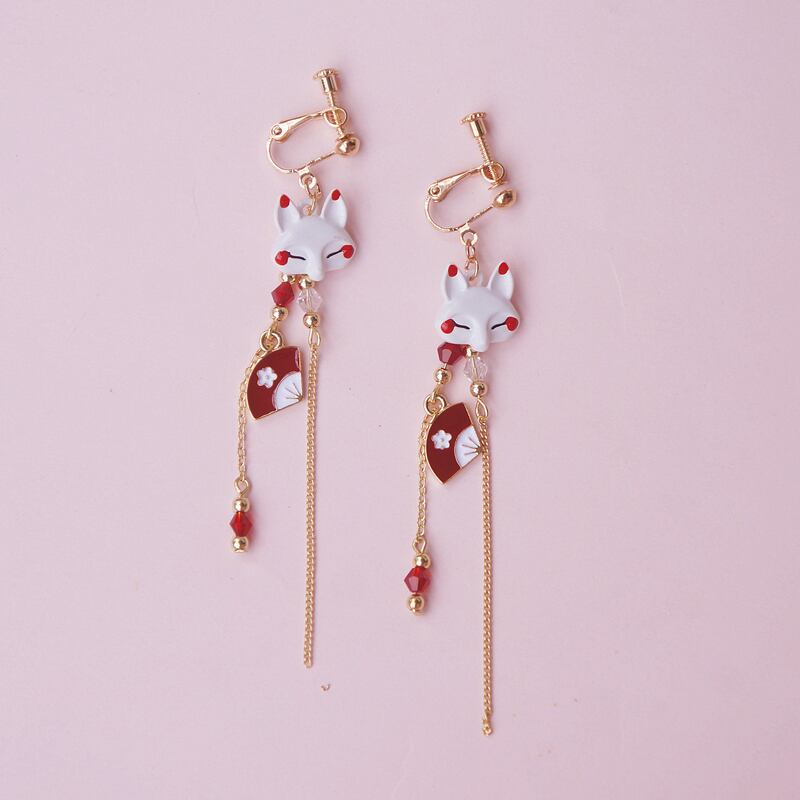 [Dashiro Series] ★Earrings★ Pair Accessories 4 Types Fox Fan Red Gold Cute Long Length 9cm